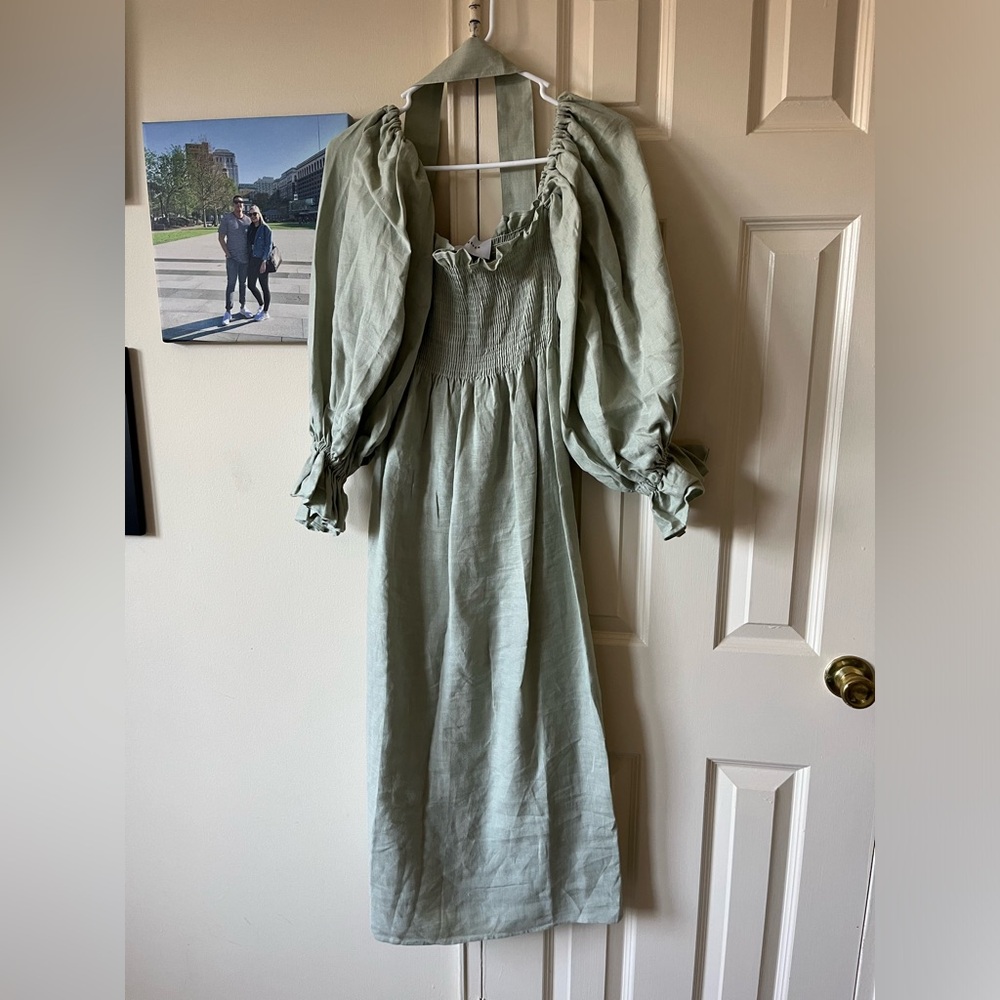 Sleeper 100% linen Atlanta off-the-shoulder shirred organic linen midi dress